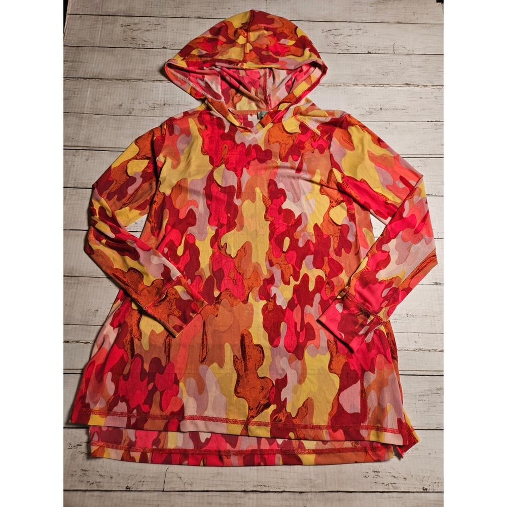 LOGO Lounge Lori Goldstein Saturn Camo Mesh Hoodie Pink Orange Yellow Small